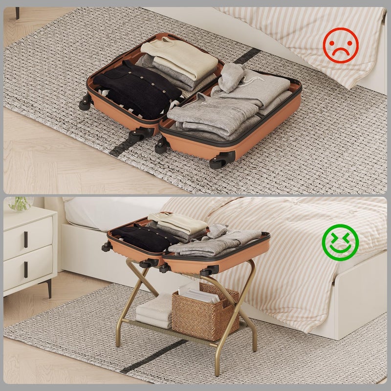 Smart FENDEE Gold Luggage Rack for Guest Room, Folding Suitcase Stand with Storage Shelf, Steel Portable Luggage Stand Bedroom, Hotel, Travel, Easy Assembly, Hold up to 110 lb - Image 2